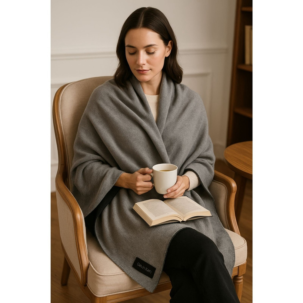 Oversized Reversible Wool Wrap Shawl Gray Black 105 x 24 Minimalist - Picture 3 of 16